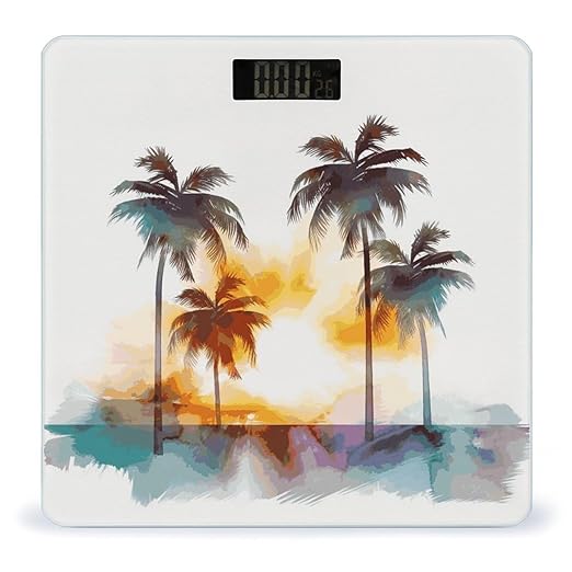 Palm Trees Sunset Digital Bathroom Scale for Body Weight with High Precision Digital Weighing Scale with BMI Clear LCD Display and Step-On Measures Weight Up to 180kg