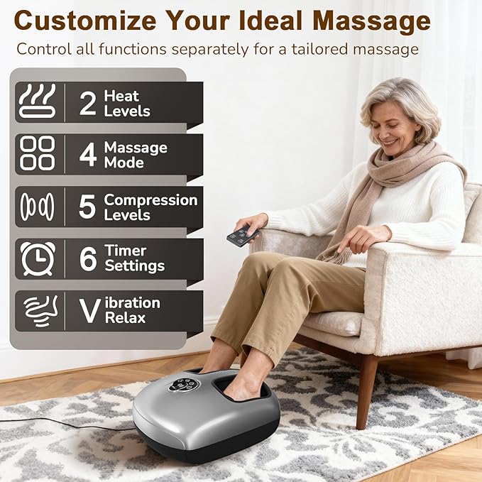 Shiatsu Foot Massager Machine with Heat : Deep Kneading Foot Massager with Vibration &amp Compression for Plantar Fasciitis &amp Neuropathy - for Women &amp MenRelax for Home Office Use (Silver)
