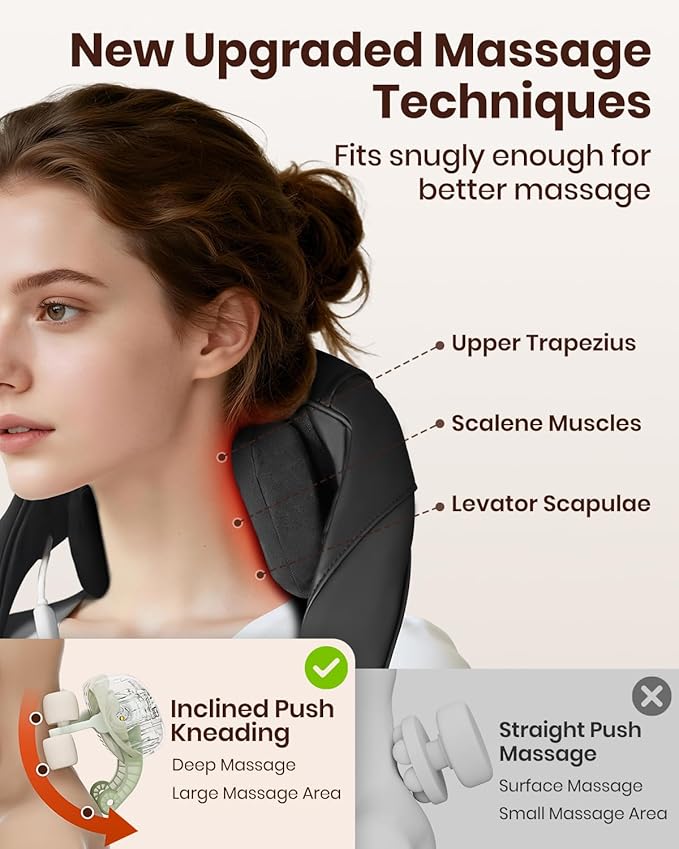 Brushless Neck Massager with Heat Cordless 6D Neck Massager for Pain Relief Deep Tissue Neck and Shoulder Massager with 3 Speeds Ideal Gift for Friends Family