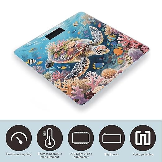 Swimming Turtle in Coral Reef Weight Scale Large Digital Bathroom Scales with Bright LED Display Non Slip Digital Scale and Step On Fashion Weighing Machine for Body