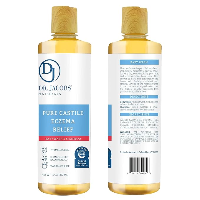 Dr. Jacobs Pure Castile Baby Wash - Effective Body Wash to Relieve Baby Eczema - Gentle Shampoo and Unscented Soap for Sensitive Skin and Hypoallergenic - 16 oz -2PK
