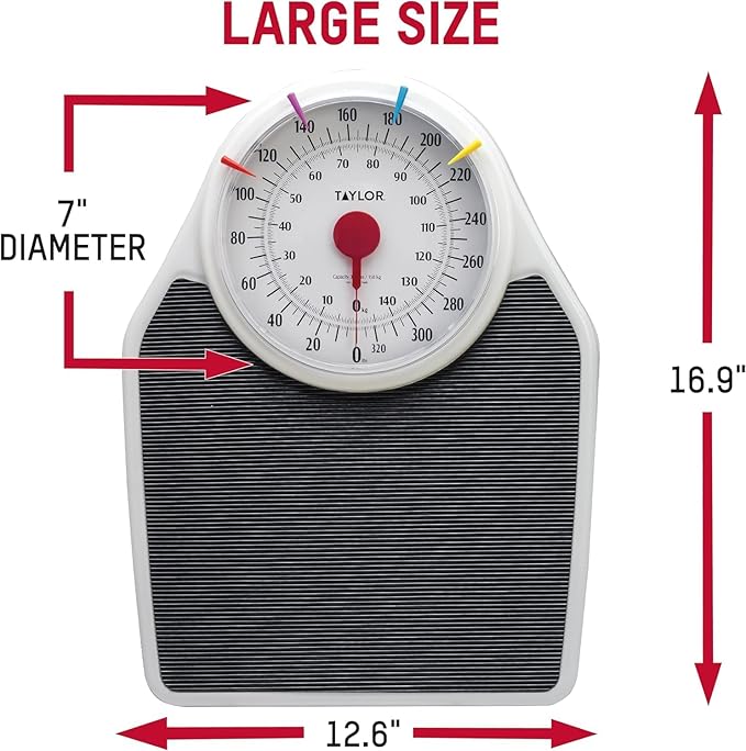 Taylor Battery Free Analog Scales for Body Weight 330LB Capacity Easy to Read Large 7-inch Dial 18.4 x 13.7-inch Ribbed Mat Platform Black
