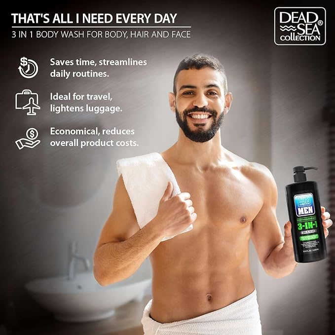 Dead Sea Collection Peppermint Men’s Body Wash – 3 in 1 Body Wash for Men for Hair Face &amp Body – Moisturizing Shower Gel with Dead Sea Minerals – Pack of 2 (33.8 fl oz each)