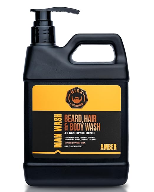 GIBS Grooming - Man Wash 3-in-1 Beard Hair Body Soap - Citrus Oak Basil Scent - Sulfate Free - Tea Tree Oil Hemp Oil Protein - Mens Body Wash &amp Mens Shampoo - Made in USA