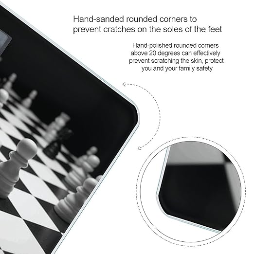 Black White Chess Checkerboard Scale for Body Weight Safe Rounded Corners Tempered Glass Digital Bathroom Scale LED Display 400lb Capacity Weight Scales with High Precision Sensors