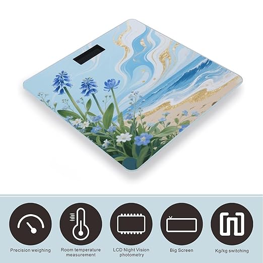 Hawaii Floral Blue Bathroom Scale for Body Weight LCD Display Digital Bathroom Scale Tempered Glass Bathroom Weight Scales Fashion Smart Scales for Home Bedroom 400 Lb
