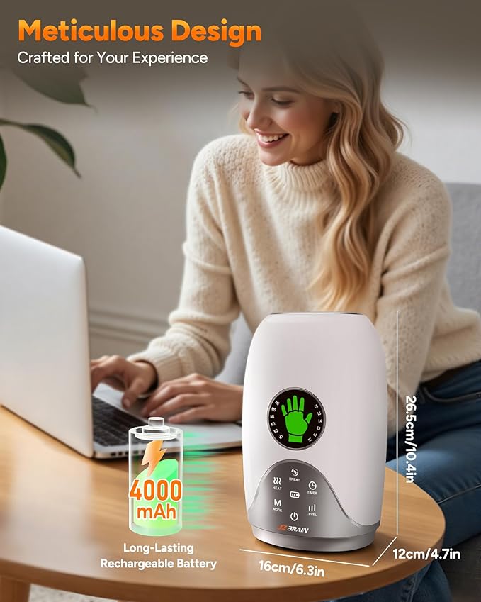Hand Massager with Heat and Compression : Hand and Wrist Massager with Customizable Modes Finger Stretch Function Visual Display Palm Roller - Daily Comfort for Women Men Home Office UseWhite
