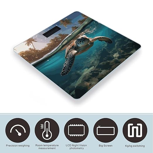 Palm Trees and Sea Turtles Diving Underwater Scale for Body Weight Anti-Slip Digital Bathroom Scale Sturdy Toughened Glass Weighing Scales High Precision Safe Rounded Corners Smart Scales