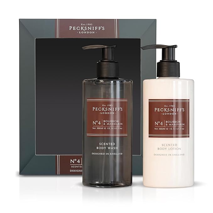 Pecksniffs Mens Bathing Duo Collection – Bourbon &amp Mandarin Scented Body Wash and Body Lotion Gift Set 2 x 250ml