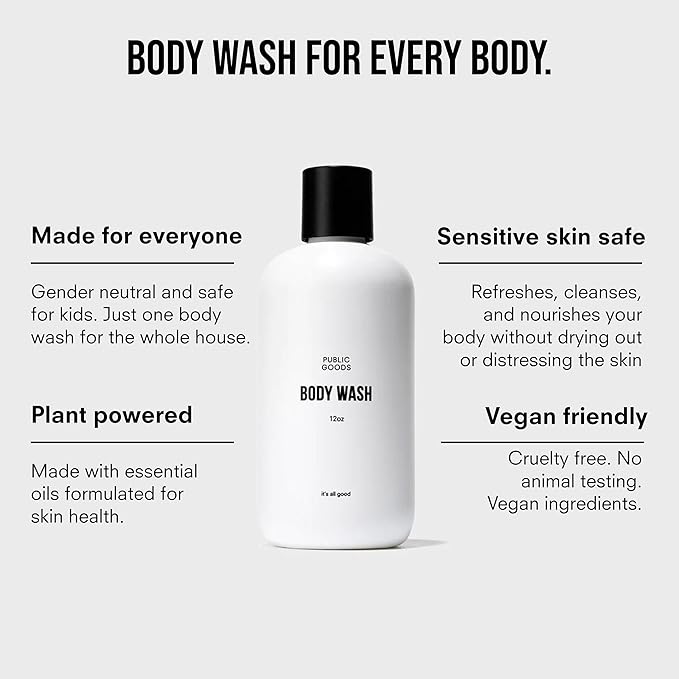Public Goods Body Wash for Men and Women | Natural Soap for Bath &amp Shower | Body Scrub Made with Organic Essential Oils | Sulfate &amp Paraben Free | Vegan Friendly | 12 Fl Oz Bottle (Pack of 2)