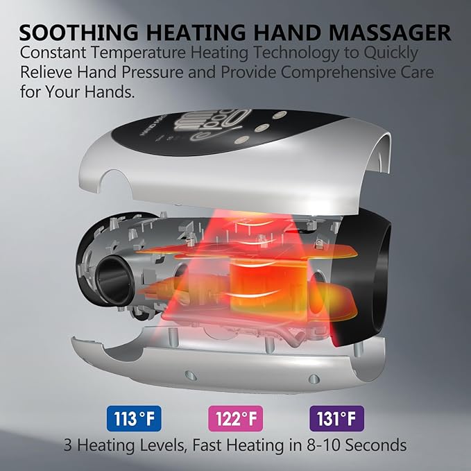 Hand Massager with Heat and Compression for Arthritis Pain Relief with 5-Finger Individual Therapy Fits All Hand SizesRechargeable &amp Portable (White)