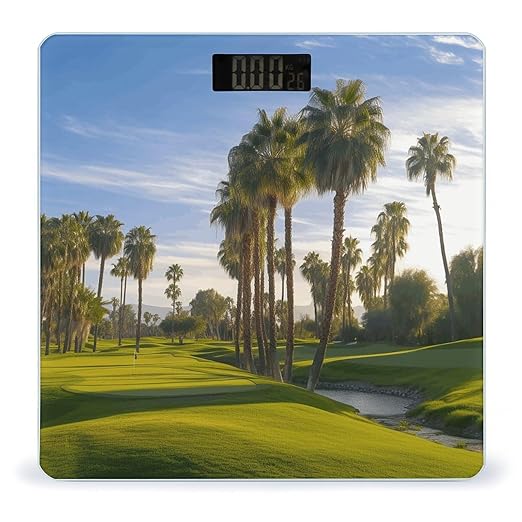 Palm Tree Golf Course Scale for Body Weight Anti-Slip Tempered Glass Digital Bathroom Scales Clear LCD Display Weighing Scale Safe Rounded Corners Smart Scales