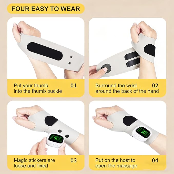 Rechargeable Adjustable Electric Wrist MassagerPortable Cordless Carpal Tunnel Wrist Massager with 8 Modes 30 Intensity LevelsWearable Hand Heating Pad for Hand Pain Relief (White)