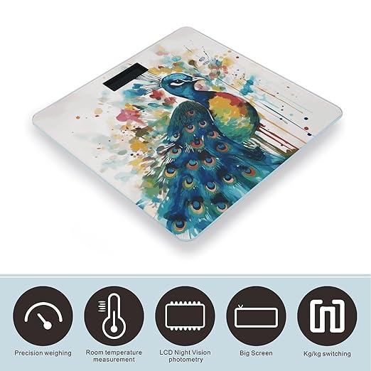 Watercolor Peacock Bathroom Scale for Body Weight Bathroom Weighing Scale with Backlit LCD Display Highly Accurate Measures Weight Up to 180kg