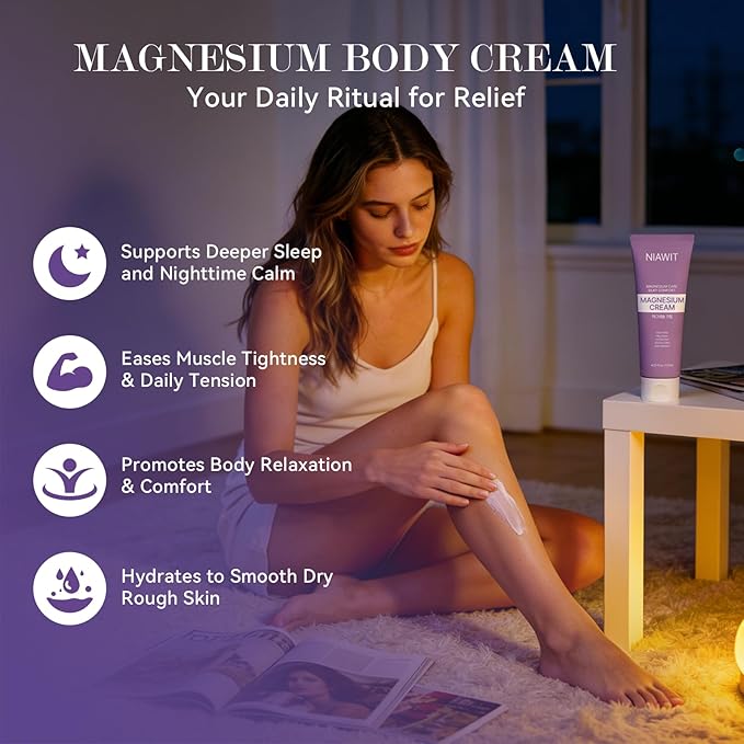 Magnesium Body Cream – Night Cream for Relaxation &amp Restful Body Comfort with Magnesium Aloe Shea Butter &amp Botanical Extracts | Non-Greasy Fast-Absorbing Gentle Texture