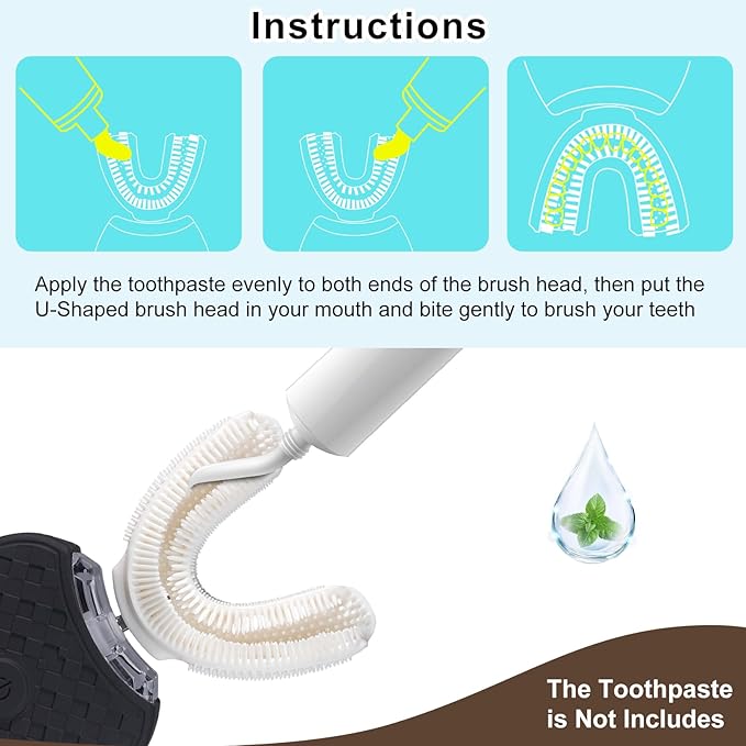 U-Shaped Ultrasonic Toothbrush for Teeth Whitening Automatic Electric Toothbrush for Adults 360-degree Cleaning Wireless Charging and IPX7 Waterproof Kit for Travel or Home(Black)