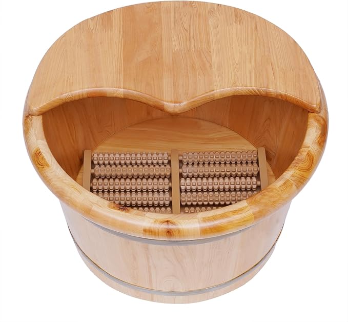 Wooden Foot Basin SetFoot Basin Wooden Foot Bath Bucket Foot Basin Wooden with Massage Roller and Lid Foot Tub with lid Foot Bath for Soaking Feet Spa Foot Care for WashingSoak Massage