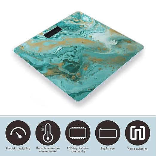 Teal and Gold Marble Bathroom Scale for Body Weight LCD Display Digital Bathroom Scale Tempered Glass Bathroom Weight Scales Fashion Smart Scales for Home Bedroom 400 Lb