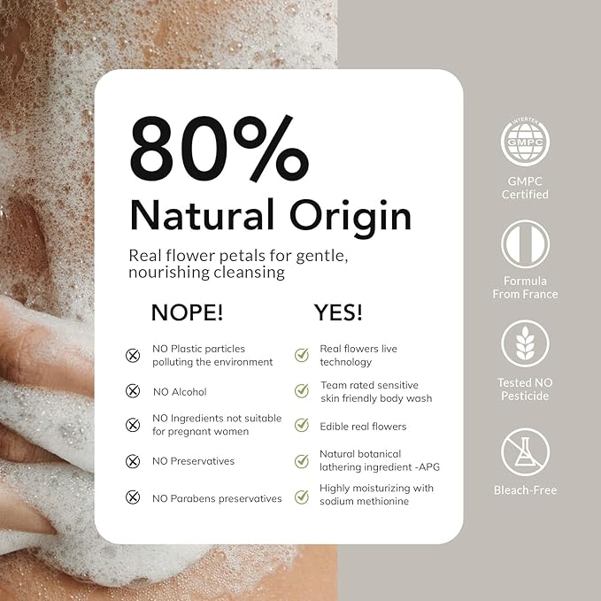 Kustie Jasmine Body Wash with Real Flower Petals – Hydrating Shower Gel with Hyaluronic Acid Niacinamide &amp Squalane Moisturizing Floral Body Wash for Dry &amp Sensitive Skin 24.3 fl oz