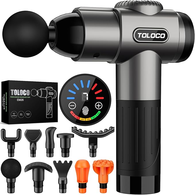 TOLOCO Massage Gun Deep Tissue Back Massage for Athletes for Pain Relief Percussion Massager with 10 Massages Heads &amp Silent Brushless Motor Valentines Day Gifts for Him Her Grey