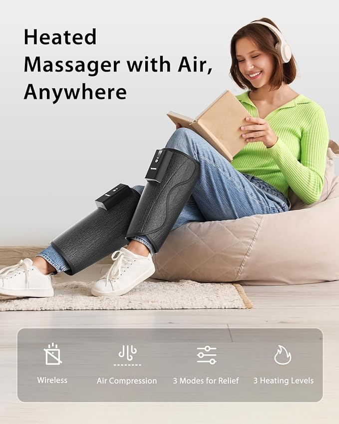 CINCOM Leg Massager with Heat and Air Compression Cordless Calf Massager for Circulation and Pain Relief Rechargeable Leg Compression for Edema Relief