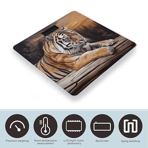 Tiger Lying on Wood Bathroom Scale for Body Weight Bathroom Weighing Scale with Backlit LCD Display Highly Accurate Measures Weight Up to 180kg