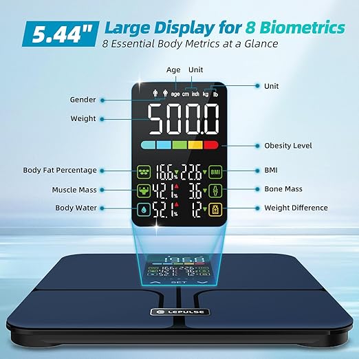 Lepulse No APP Body Fat Scale 500lb Smart Bathroom Scale with 5.44'' Large Backlit Display 8 Body Composition Analyzer Most Accurate Digital Weight Scale for BMI Body Fat Muscle Mass