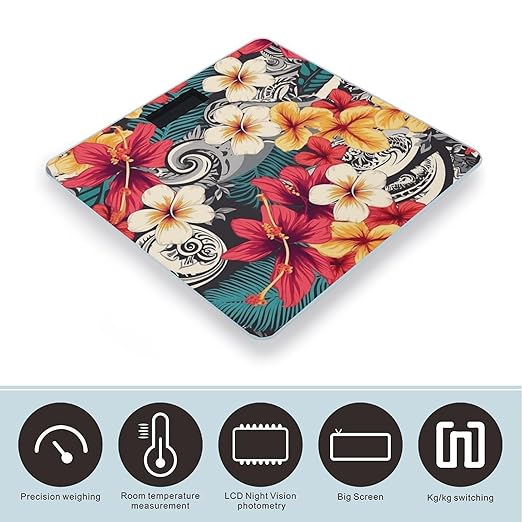 Colorful Hawaiian Pattern Digital Bathroom Scale for Body Weight Weighing Scale with Backlit LCD Display High Precision Measurements &amp Measures Weight Up to 180kg