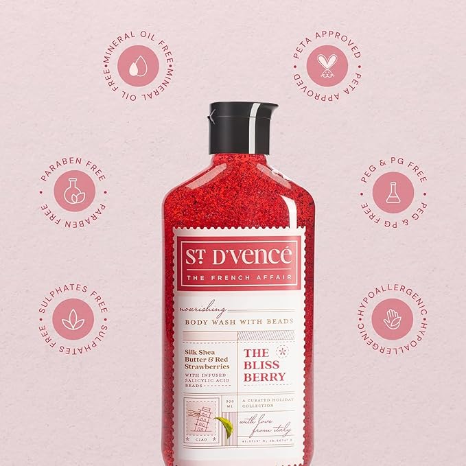 St. D’vence Bliss Berry Salicylic Acid Body Wash Shower Gel for Women &amp Men with Strawberry &amp Raw Shea Butter | Body Wash for Summer | Tan Removal Paraben &amp SLS Free - 300 ml