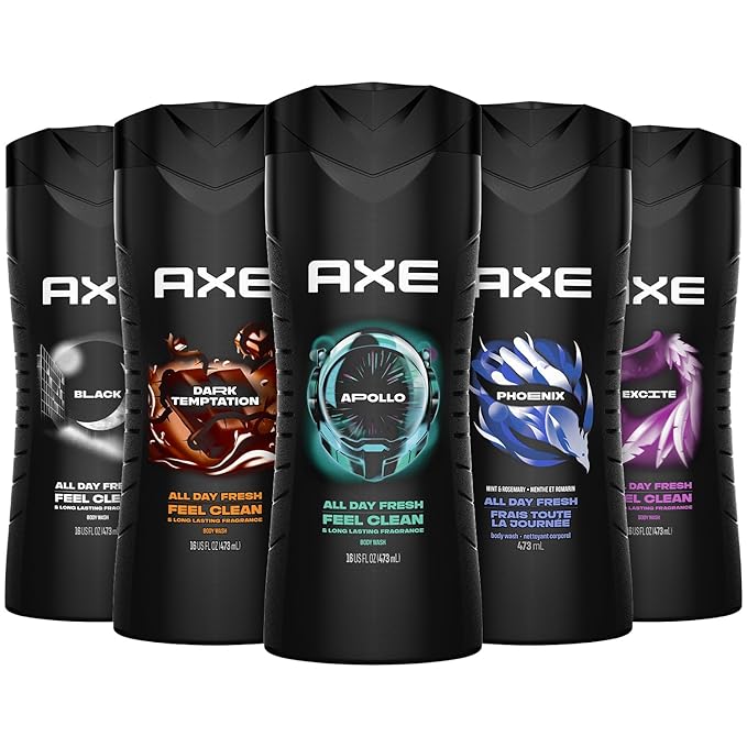 AXE Men's 3-in-1 Face Body Wash &amp Shampoo Variety 5-Pack (Apollo Dark Temptation Black Excite Phoenix) 12 Hour Invigorating Scents 16 Fl Oz Each