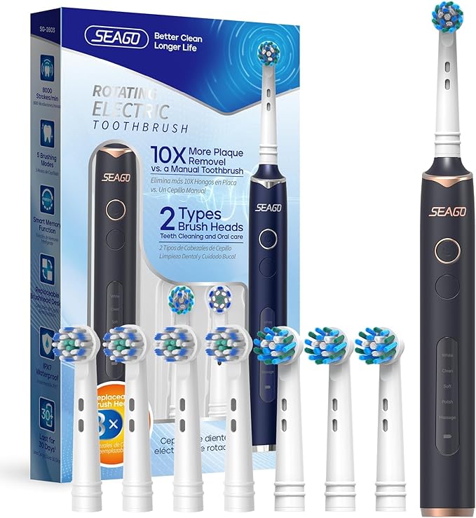 SEAGO Rotating Electric Toothbrush with 8 Round Brush Heads with 5 Cleaning Modes Sonic Technology Whitening Teeth in 14 Days for Adult and KidsSG-2603 (Black)