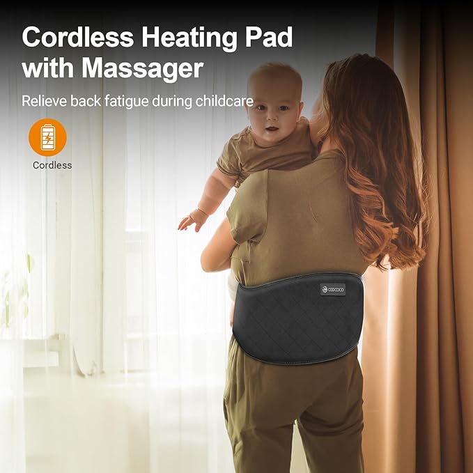 Cordless Lower Back Massager with Heat CooCoCo Heating Pad with Massager for Back Pain Relief Rechargeable Heat Pad for Period Cramps Lumbar Auto Off