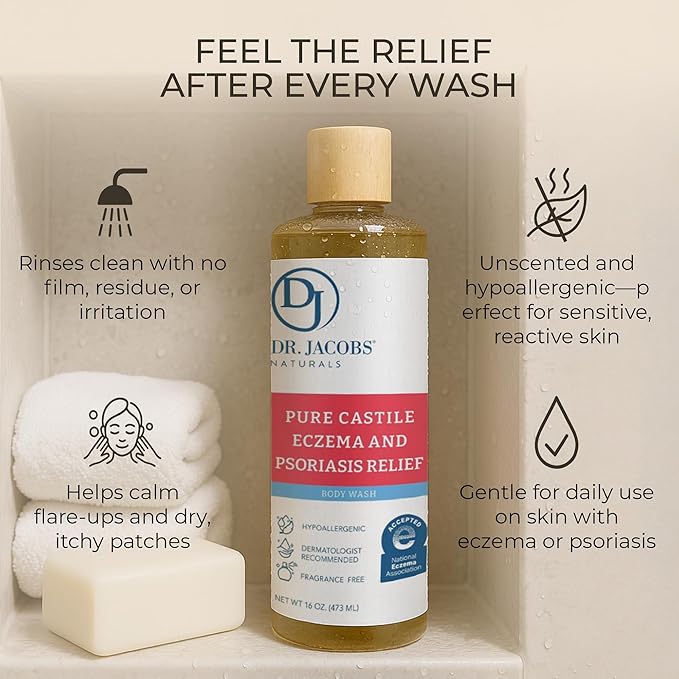 Dr. Jacobs Naturals Hypoallergenic Castile Soap Dermatologist Tested Unscented Soap for Eczema &amp Psoriasis Relief - Sensitive Skin Body Wash Vegan &amp Gluten-Free Formula for All-Day Hydration