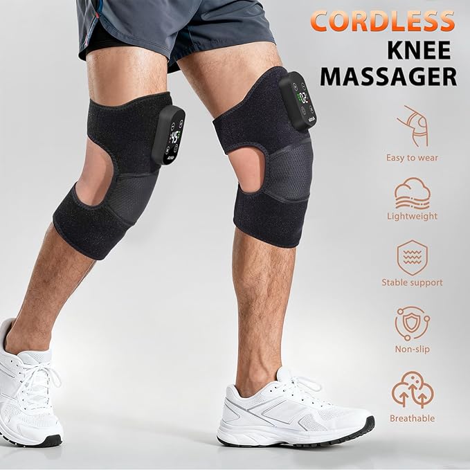 Cordless Knee Massager for Pain Relief Electric Heated Knee Warmer with 5 Heat Levels and 3 Massage Modes Portable Knee Brace Gifts for Men Women (Black(Pair))