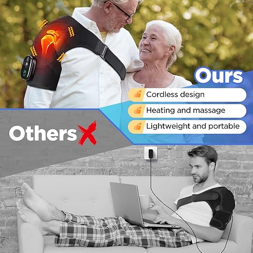 Cordless Portable Shoulder Heating Pad &amp Massager Heating Vibration Shoulder Wrap Shoulder Brace for Pain Relief Rotator Cuff Support for Men &amp Women Black