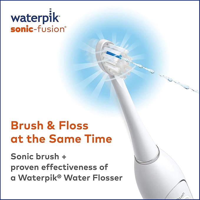 Waterpik White Sonic-Fusion Toothbrush and Heads (Set of 4). Brush and Floss at The Same Time. Soft Bristles Gently Brush While The Water Flosser Removes Plaque and Debris from Teeth and Gumline.