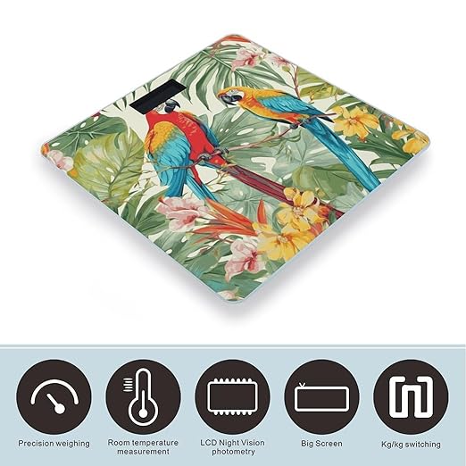 Tropical Plants and Parrots Bathroom Scale Weight Scale for Body WeightHighly Accurate Digital Weighing Machine Clear LED Display Digital Bathroom Body Scale 400lb/182kg