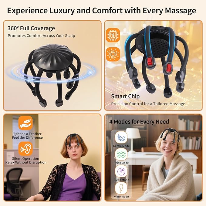 Hands-Free Scalp Massager Electric Octopus Head Massager Wearable Multi-Point Vibration Scalp Massager Quiet &amp Lightweight for Work Gaming &amp Relaxation Tech Gifts for Men Women