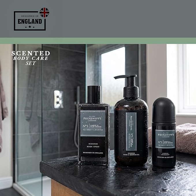 Pecksniff’s Men’s Essentials Body Trio Gift Set – Amber &amp Oud Wood – Bath &amp Shower Gel 250ml Body Spray 100ml Deodorant 50ml