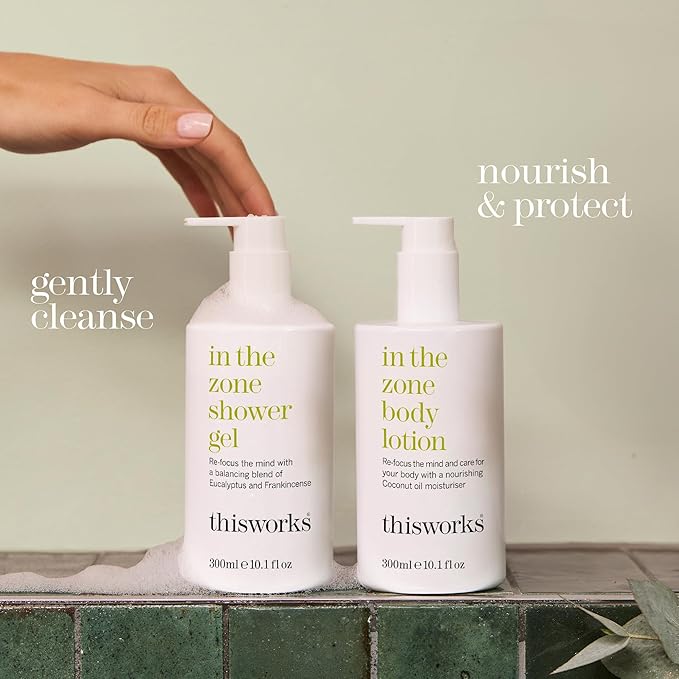 THISWORKS In The Zone Shower Gel | Refreshing Body Wash with Eucalyptus &amp Frankincense | Cleanses Soothes and Revitalizes Skin | Aromatherapeutic Formula 10.1 oz / 300ml