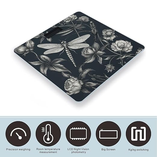 Black Flowers and Dragonfly Weight ScaleClear LED Display Bathroom Digital Weighing ScaleTempered Glass Digital Bathroom Scale for Body Weight Capacity Up to 400 Lbs