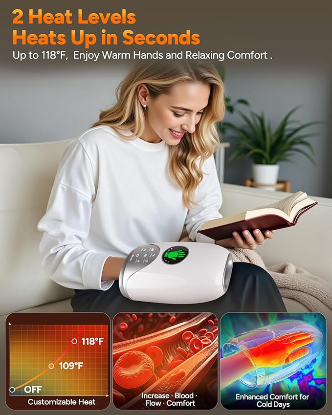 Hand Massager with Heat and Compression : Hand and Wrist Massager with Customizable Modes Finger Stretch Function Visual Display Palm Roller - Daily Comfort for Women Men Home Office UseWhite