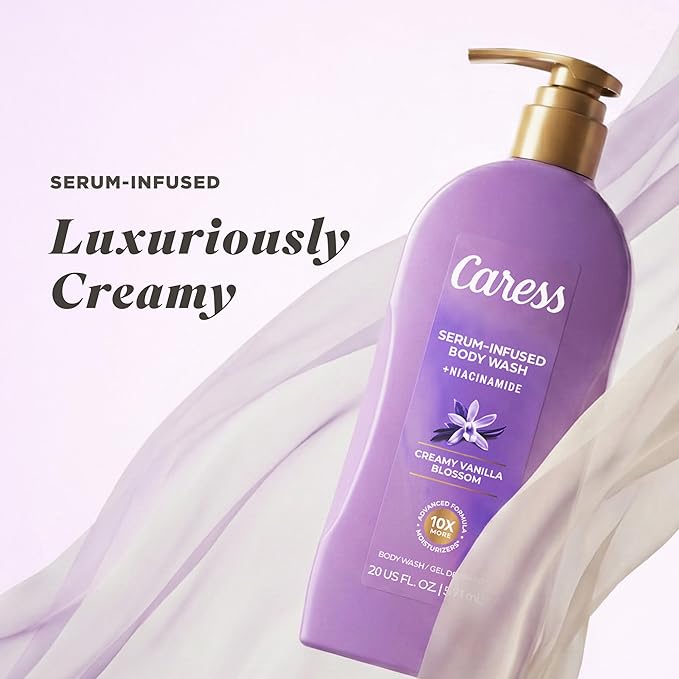 Caress Creamy Vanilla Blossom Moisturizing Body Wash with Pump Serum-Infused Formula with Niacinamide Sweet Musky Long Lasting Fragrance Dermatologist Tested 20 fl oz (4 Pack)