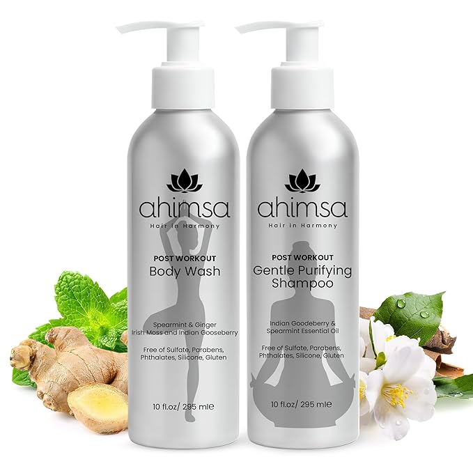 Ahimsa Natural Body Wash for Women 10oz + Organic Daily Shampoo Hydrating &amp Moisturizing Body Wash for Sensitive Skin with Ginger &amp Spearmint and Gentle Daily Shampoo for Dry Curly Damaged