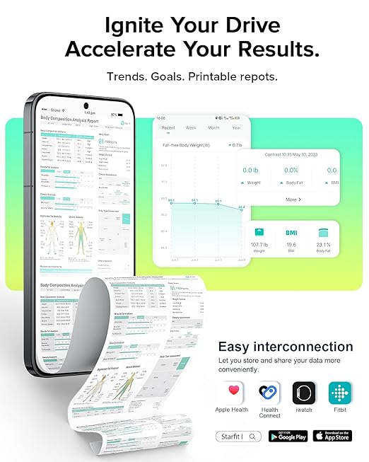 RunStar Smart Scale for Body Weight Full-Body Bathroom Scale with 8 Electrodes for BMI Muscle Mass 3-Metric Display High-Accuracy Body Composition Monitor with 28 Metrics &amp App Connectivity Bl
