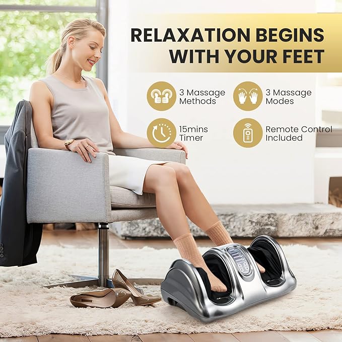 WELLHUT Foot Massager Machine Shiatsu Foot and Calf Massager for Ankle Calf Leg Arm Shiatsu Kneading Rolling Feet Massager Machine Gifts for Men and Women Gray