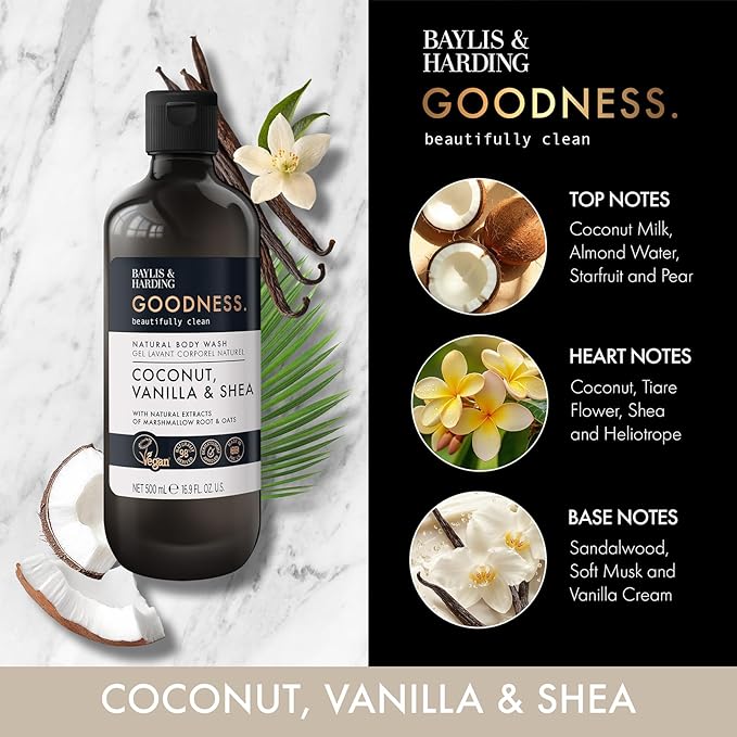 Baylis &amp Harding Goodness Coconut Vanilla &amp Shea Natural Body Wash 16.9Fl.oz Pack of 3 - Biodegradable Formula