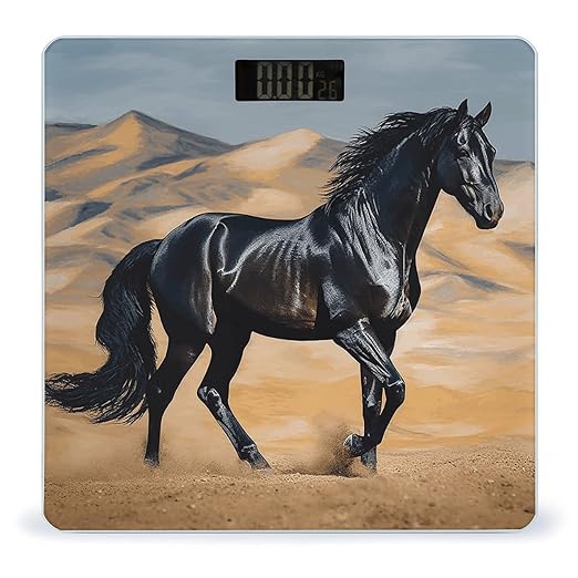 Black Arabian Horse Scale for Body Weight Anti-Slip Tempered Glass Digital Bathroom Scales Clear LCD Display Weighing Scale Safe Rounded Corners Smart Scales