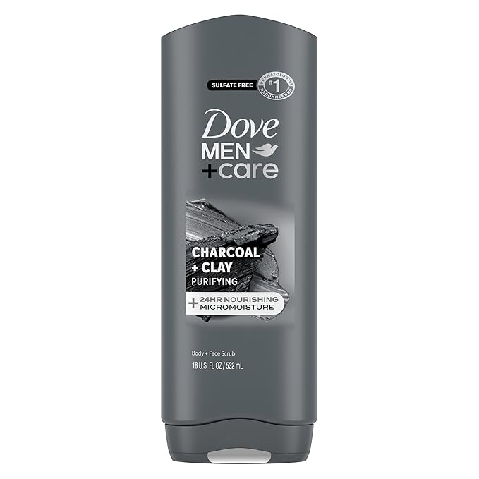 DOVE MEN + CARE Body and Face Wash 4 Count Purifying Charcoal + Clay Body Wash for Men with 24-Hour Nourishing Micromoisture Technology 18 oz