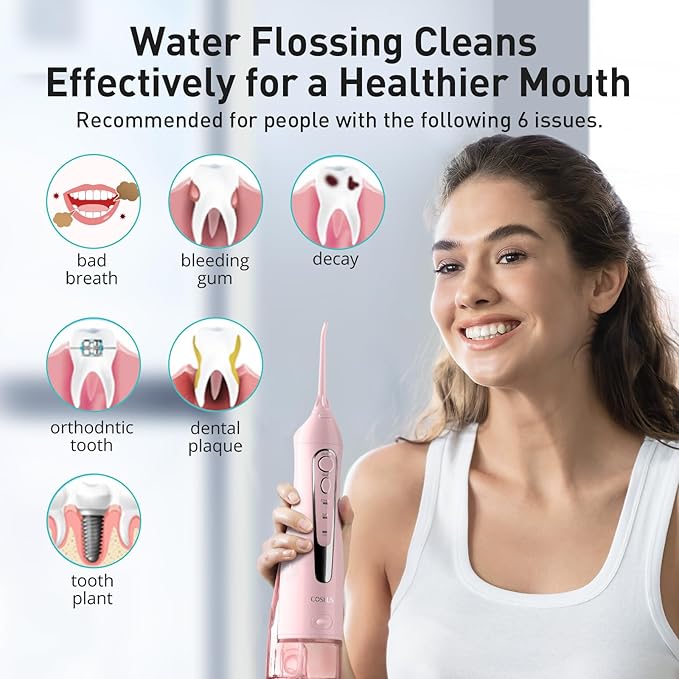 COSLUS Water Dental Flosser Teeth Pick C20(F5020E): Portable Cordless Oral Irrigator 300ML Rechargeable Travel Irrigation Cleaner IPX7 Waterproof Electric Flossing Machine for Teeth Cleaning Pink